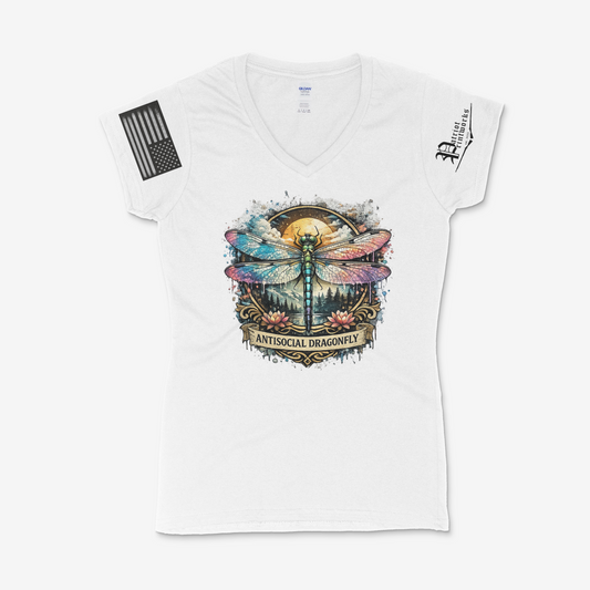 Antisocial Dragonfly Ladies V-Neck T-Shirt